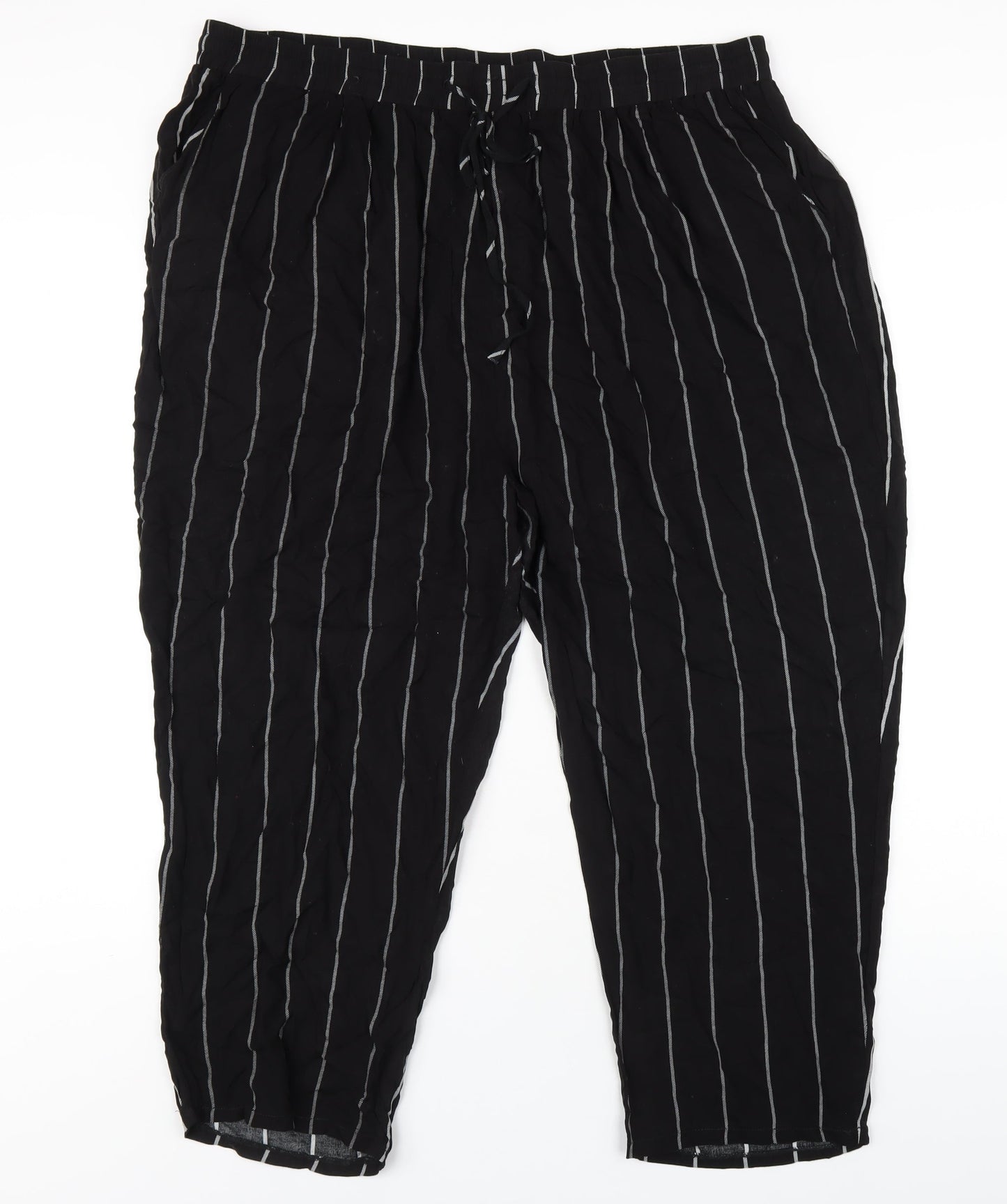 PRETTYLITTLETHING Womens Black Striped Viscose Trousers Size XL L25 in Regular Drawstring