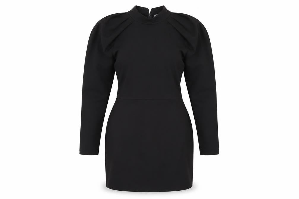 Front view of ASOS women’s black polyester a-line, size UK 12, mock neck zip