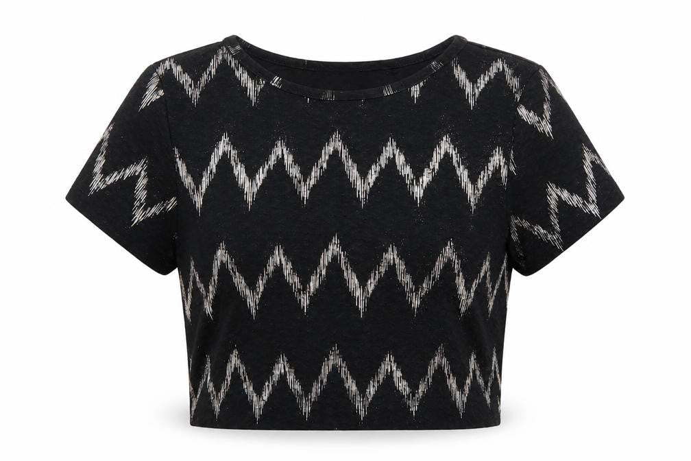 Topshop Womens Black Geometric Polyester Cropped T-Shirt Size 10 Round Neck