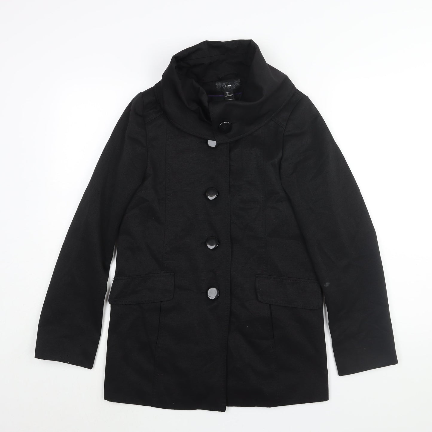 H&M Womens Black Pea Coat Coat Size 6 Button - Roll Neck