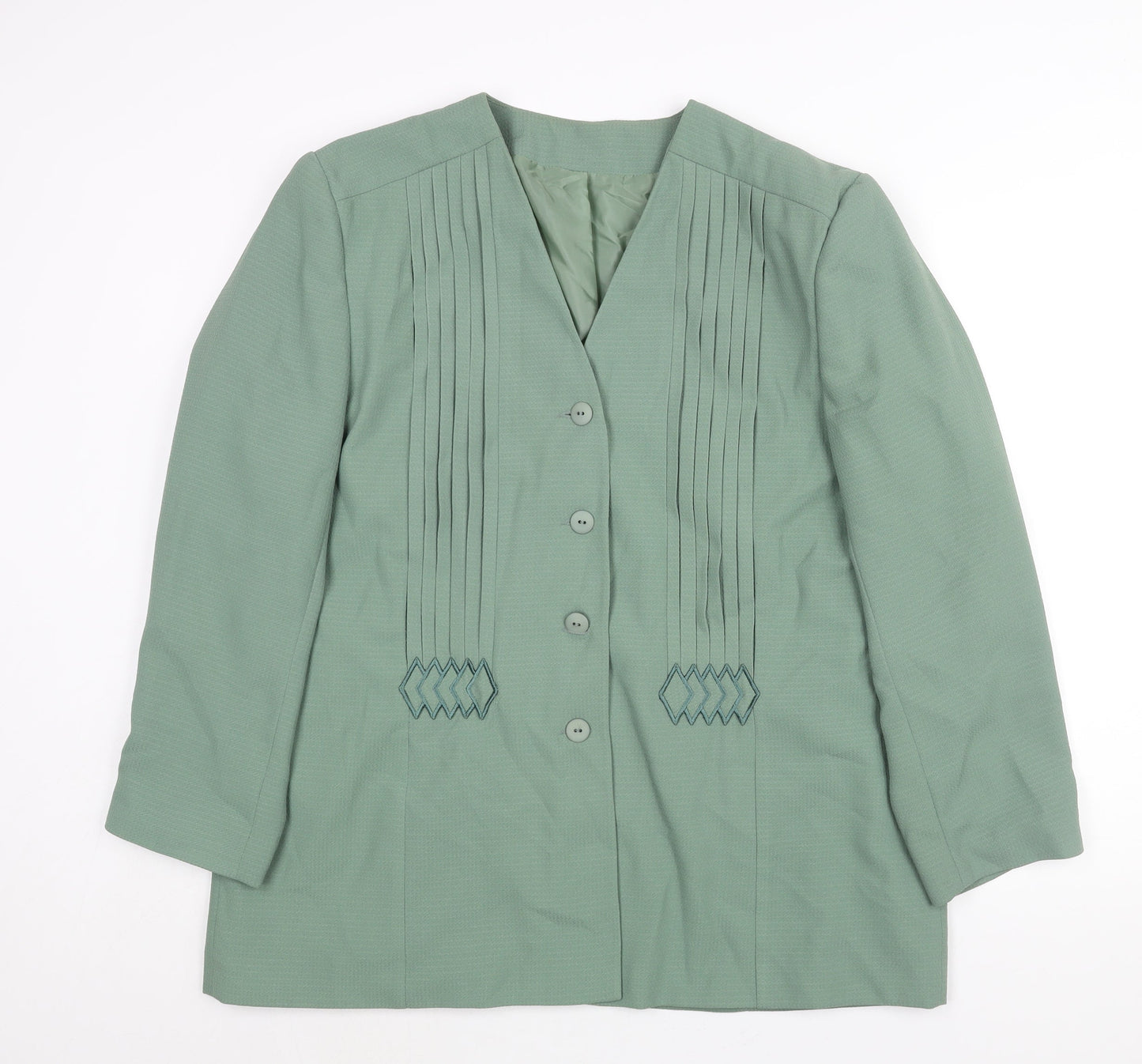 Fashion Extra Womens Green Jacket Size 20 Button - Pleated Embroidered