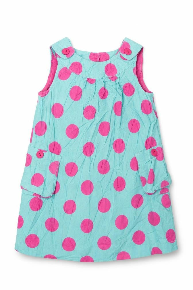 Front view of John Lewis girls’ blue polka dot cotton a-line, size 18-24, months crew neck button