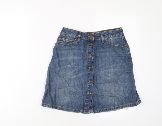 Zara Womens Blue Cotton A-Line Skirt Size S Button