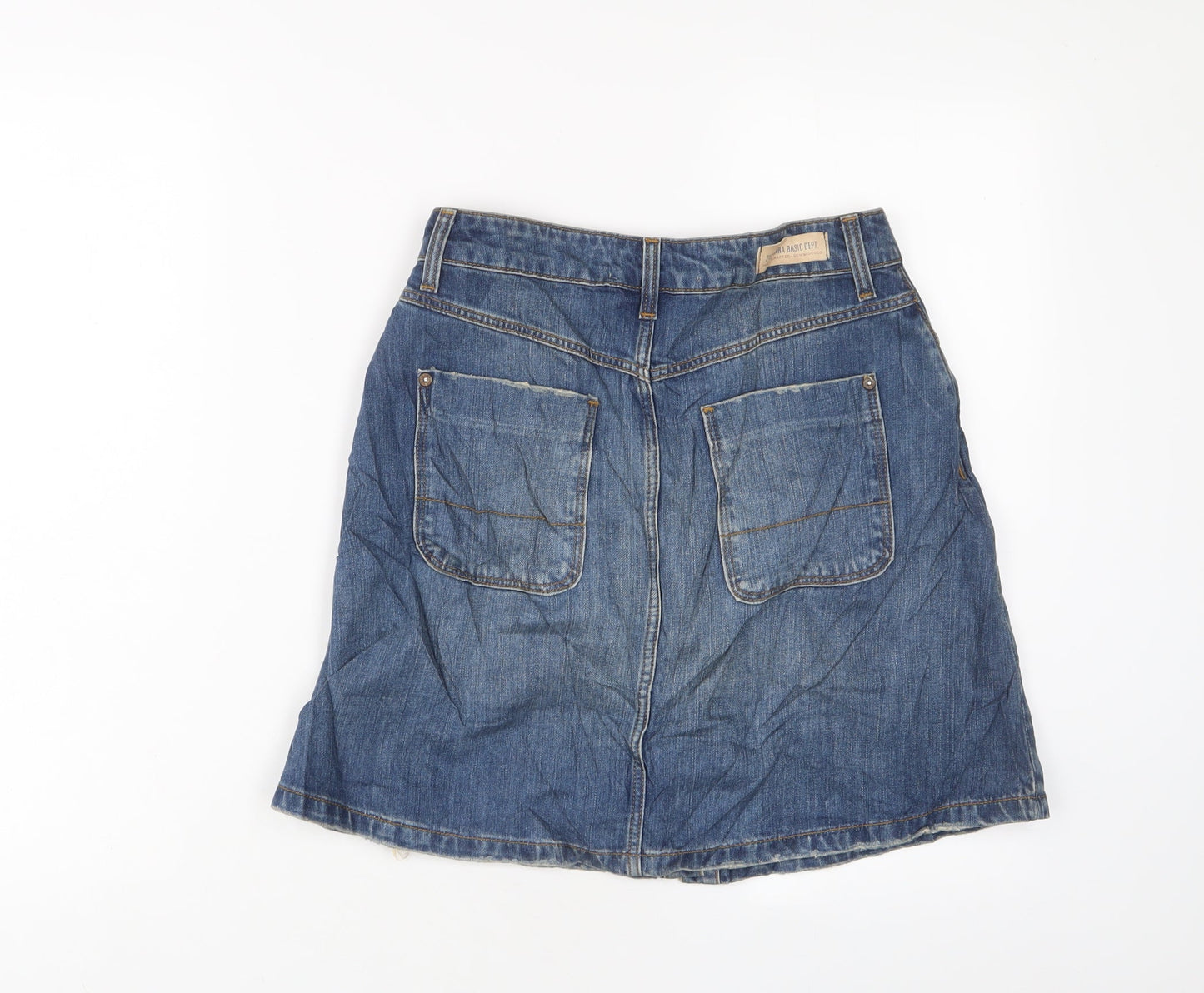 Zara Womens Blue Cotton A-Line Skirt Size S Button