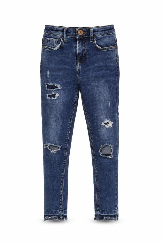 River Island Girls Blue Cotton Tapered Jeans Size 9 Years L20.5 in Regular Zip - Distressed .