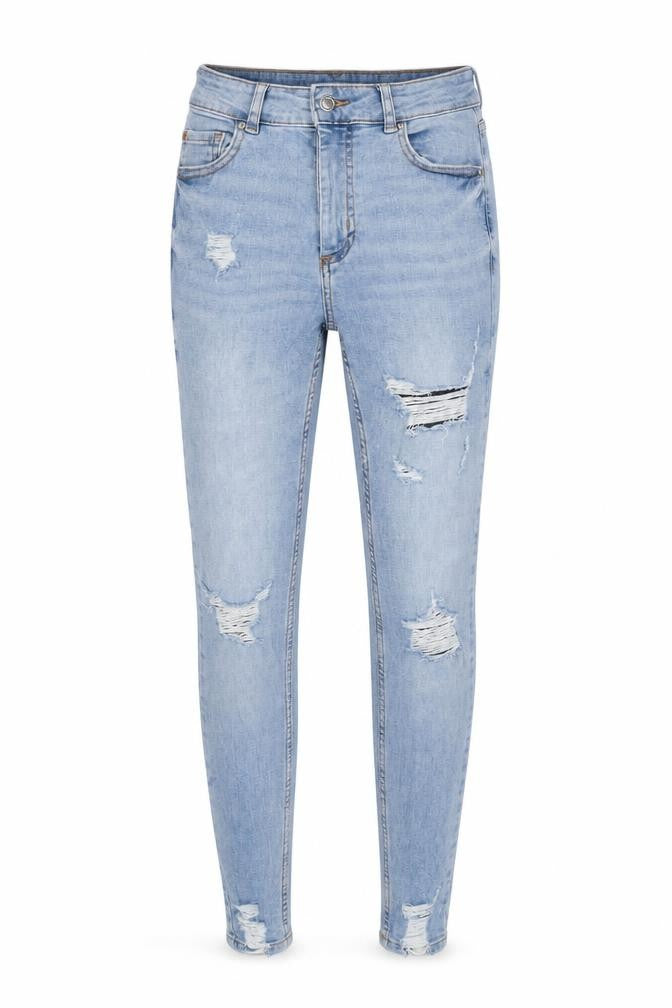 Front view of Denim & Co. women’s blue cotton blend tapered jeans, size UK 8, 29-inch leg regular zip