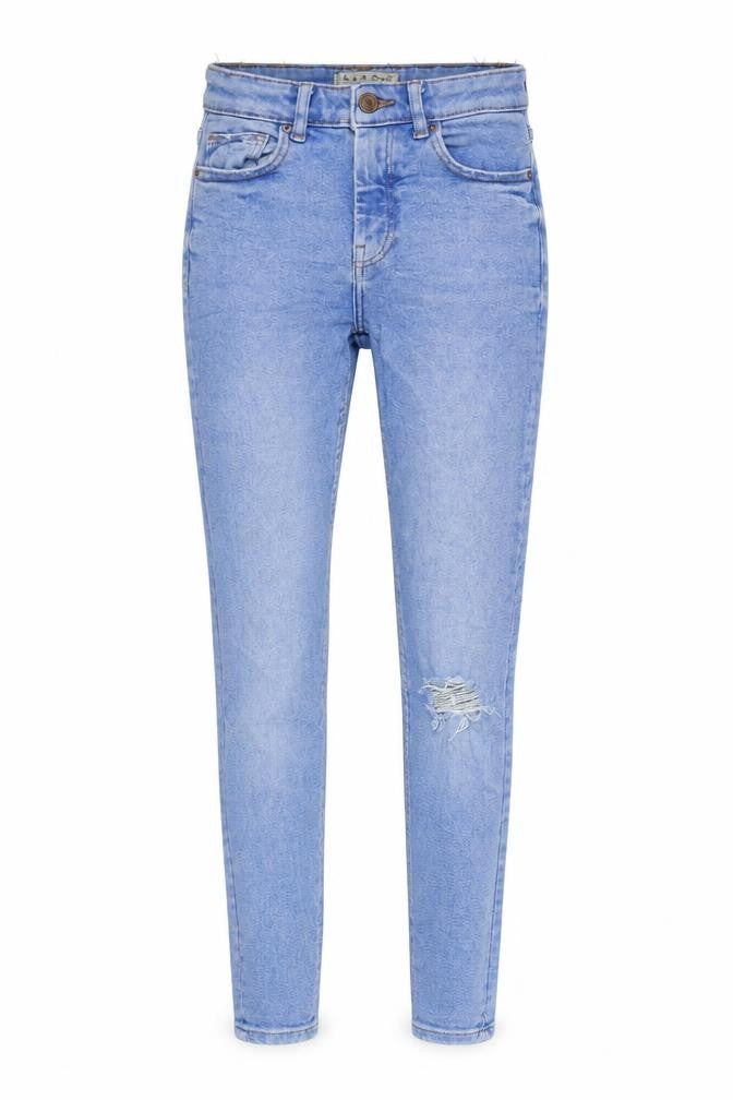 Front view of Denim & Co. women’s blue cotton blend tapered jeans, size UK 8, 27-inch leg regular zip