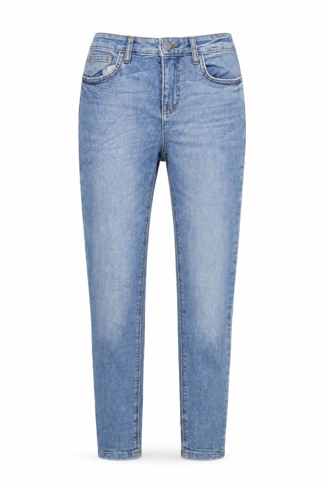Front view of Denim & Co. women’s blue cotton blend tapered jeans, size UK 6, 29-inch leg regular zip
