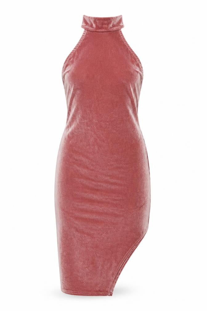 Front view of Missguided women’s pink polyester bodycon, size UK 8, halter button