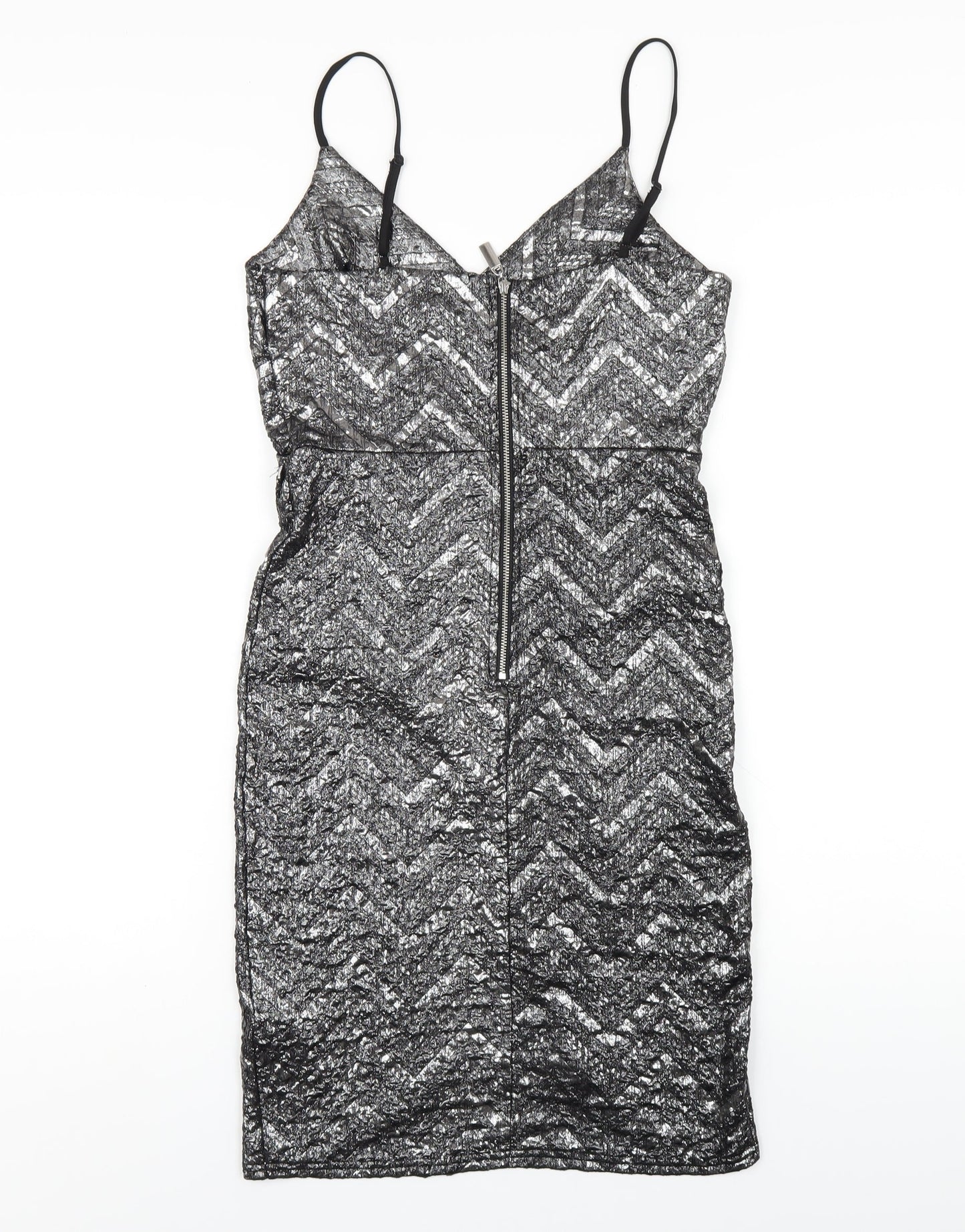 Apricot Womens Silver Chevron Polyester Bodycon Size 8 V-Neck Zip