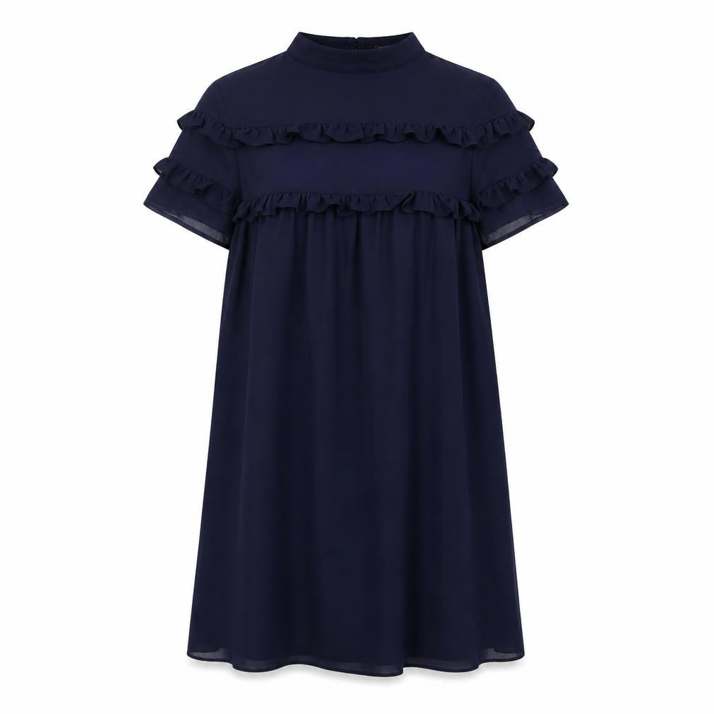 Front view of Fashion Union women’s blue polyester a-line, size UK 12, round neck button