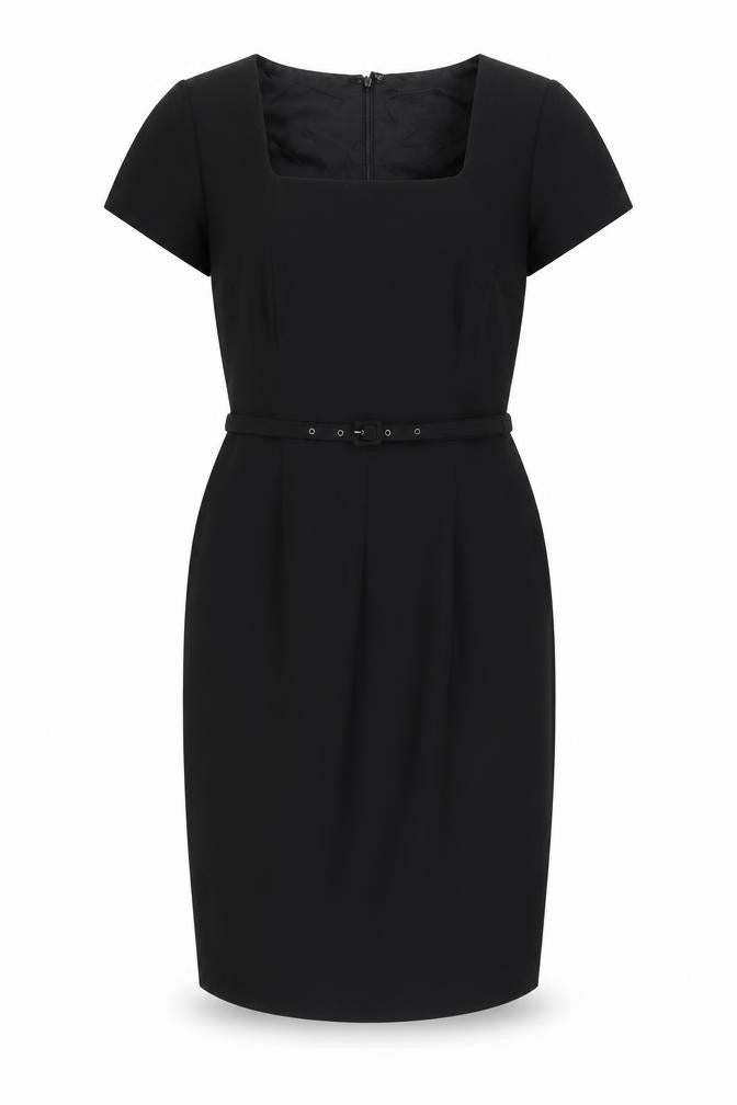 Front view of Roman women’s black polyester pencil dress, size UK 12, square neck zip