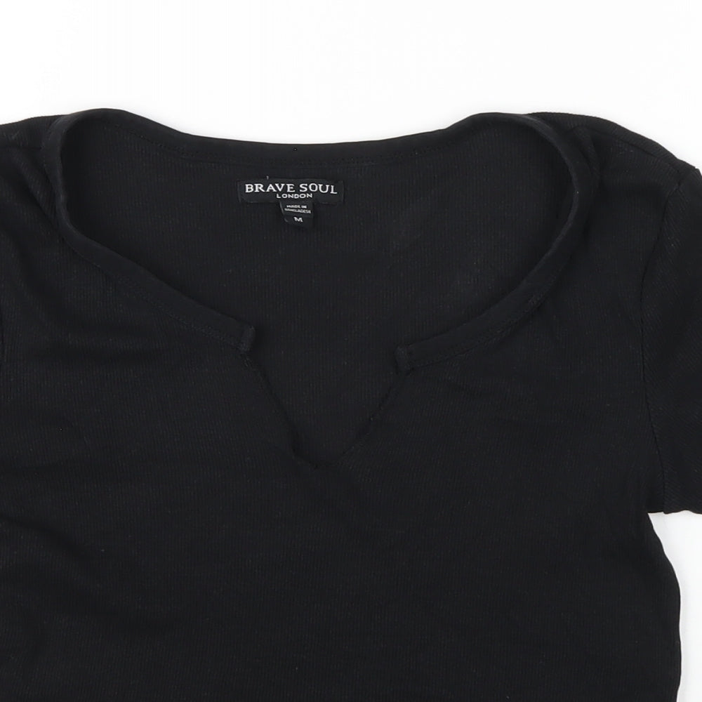 Brave Soul Womens Black Cotton Basic T-Shirt Size M V-Neck