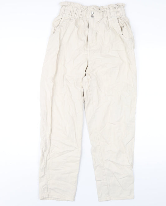 H&M Womens Ivory Cotton Straight Jeans Size 10 L28 in Regular Zip - Paperbag Waist