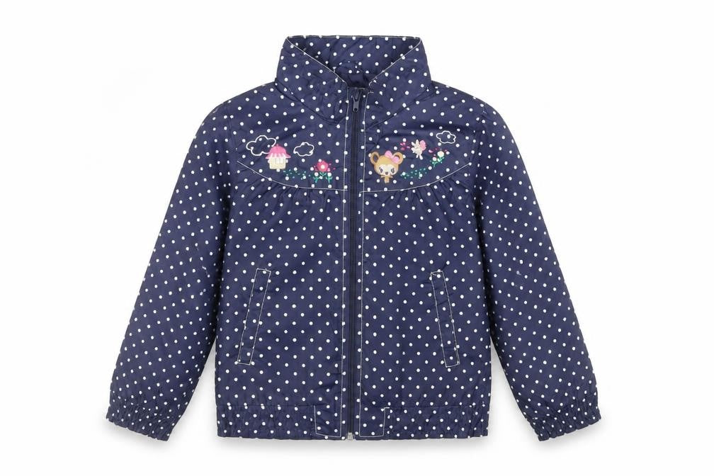 Front view of H&M girls’ blue polka dot jacket, size 7-8, years zip - embroidered