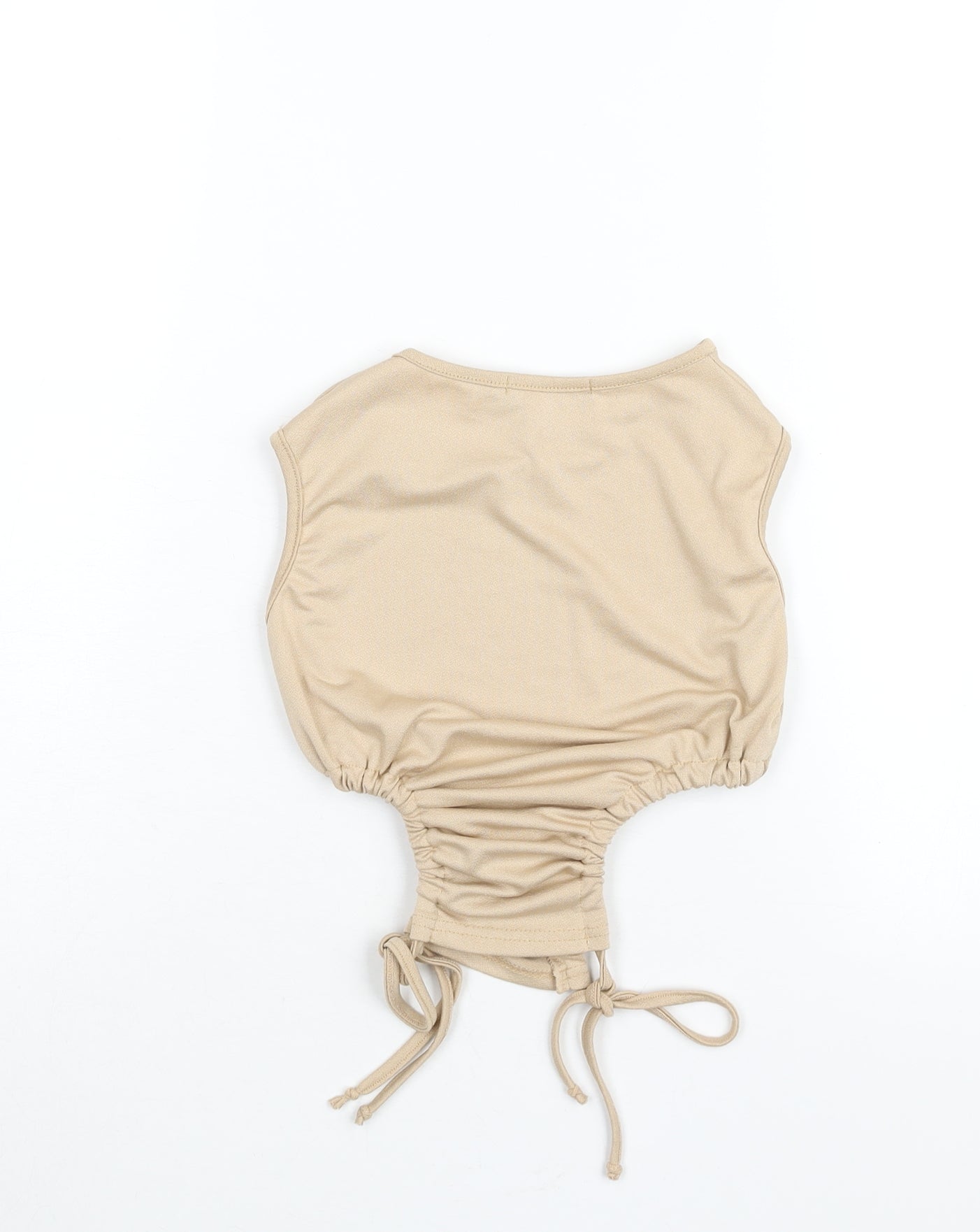 PRETTYLITTLETHING Womens Beige Polyester Cropped Blouse Size 4 Round Neck - Drawstring Cut Out