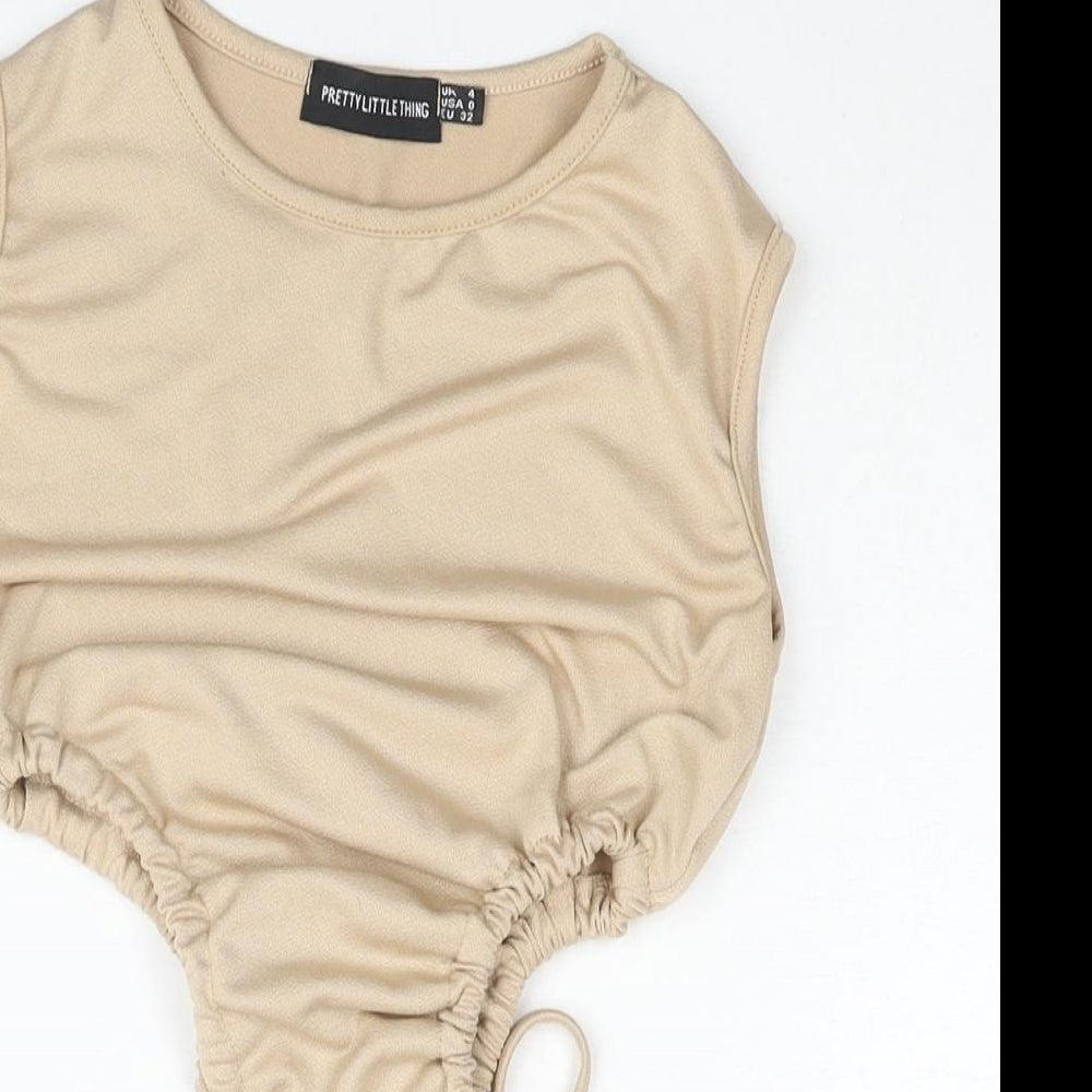PRETTYLITTLETHING Womens Beige Polyester Cropped Blouse Size 4 Round Neck - Drawstring Cut Out