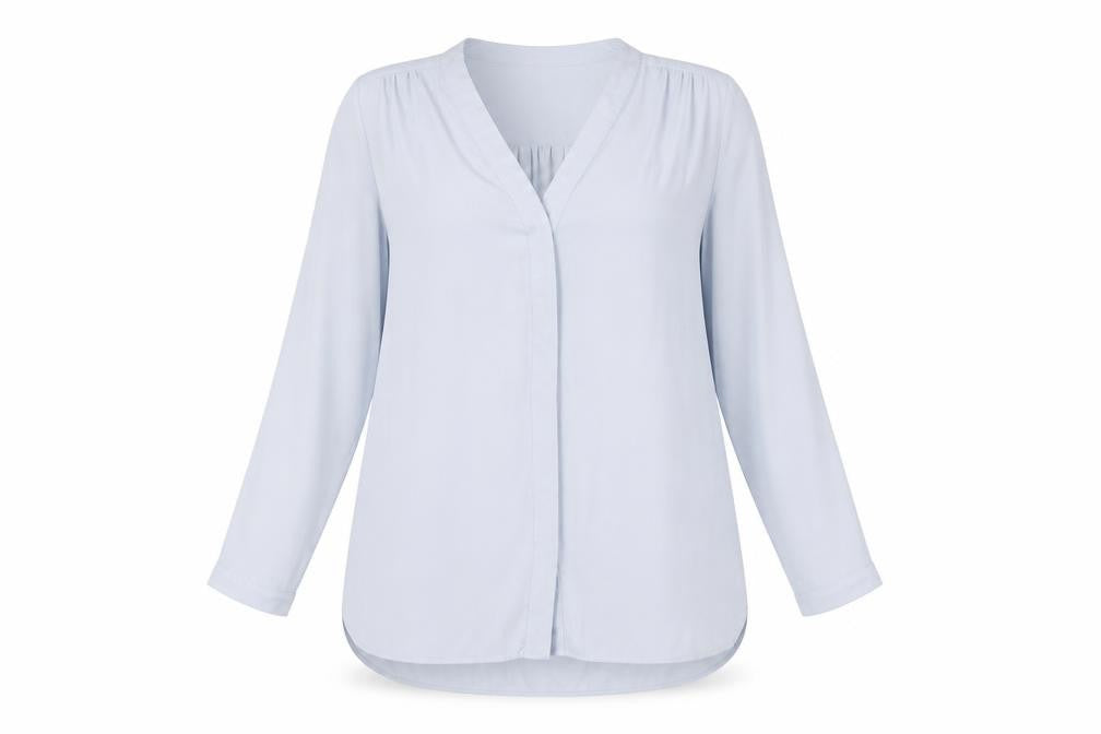 Front view of Autograph women’s blue polyester shift, size UK 14, v-neck button
