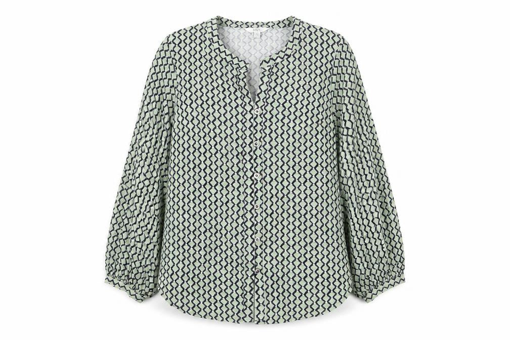 Marks and Spencer Womens Green Geometric Cotton Basic Button-Up Size 16 V-Neck