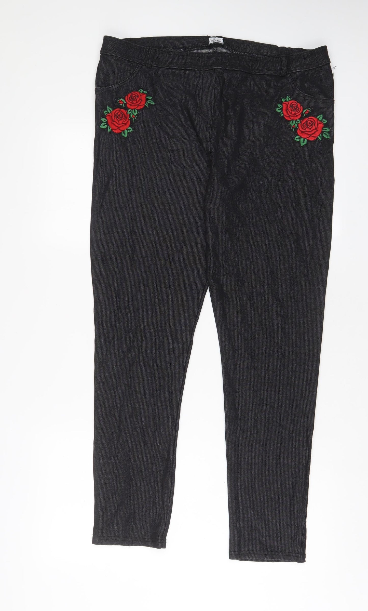 Select Womens Black Floral Cotton Jegging Jeans Size 18 L29 in Regular - Embroidered