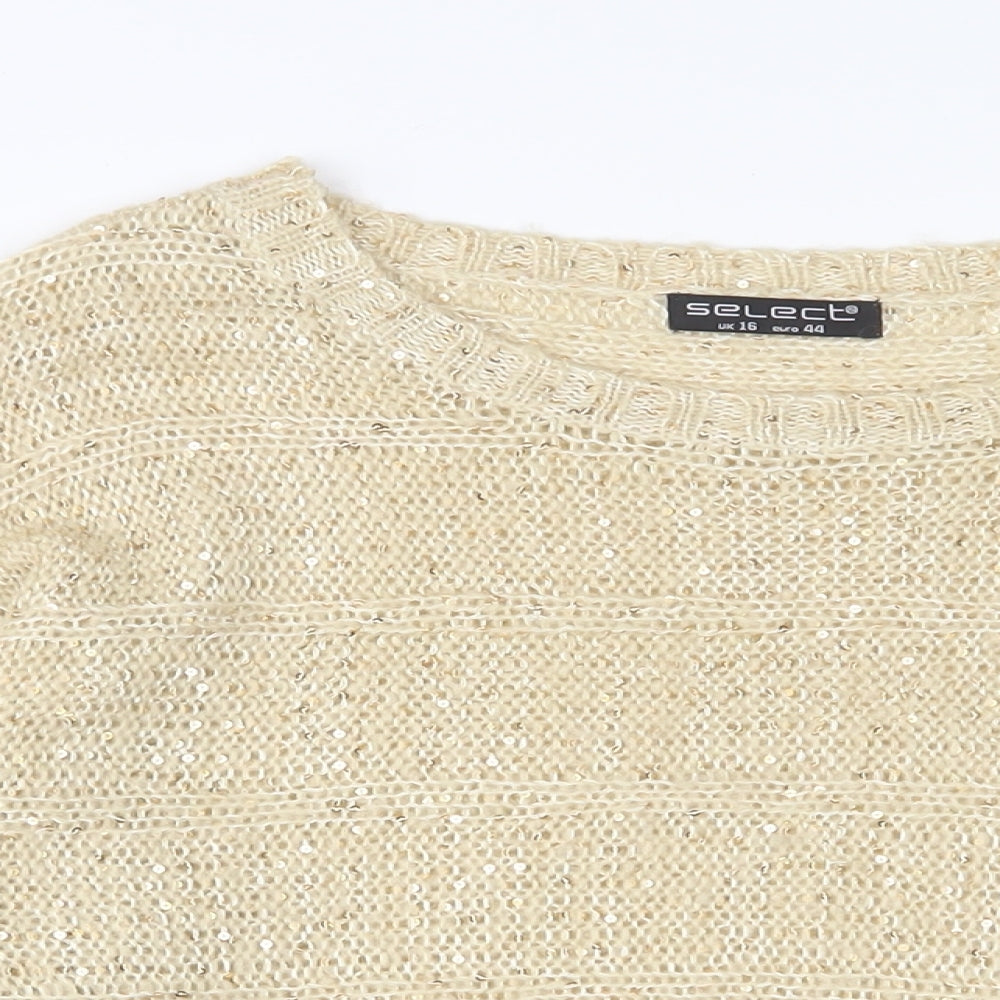 Select Womens Gold Boat Neck Acrylic Pullover Jumper Size 16 - Sequins
