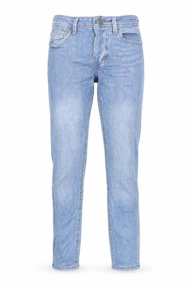 Front view of Denim & Co. women’s blue cotton blend tapered jeans, size UK 28, in, 27.5-inch leg regular button