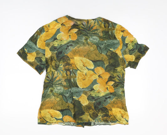 St Michael Womens Green Floral Cotton Basic Button-Up Size 16 V-Neck