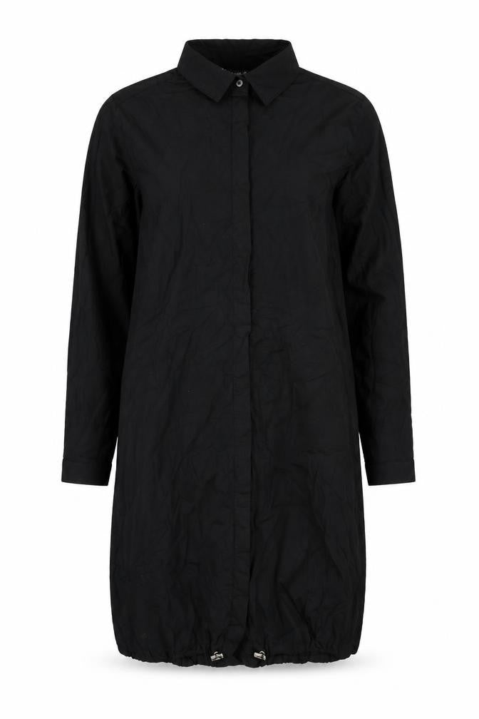 Front view of Fashion women’s black polyester shirt dress, size S, collared button