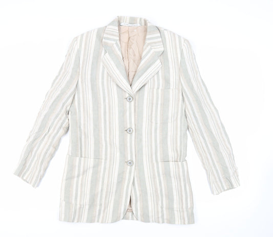 St Michael Womens Green Striped Jacket Blazer Size 10 Button - Vintage