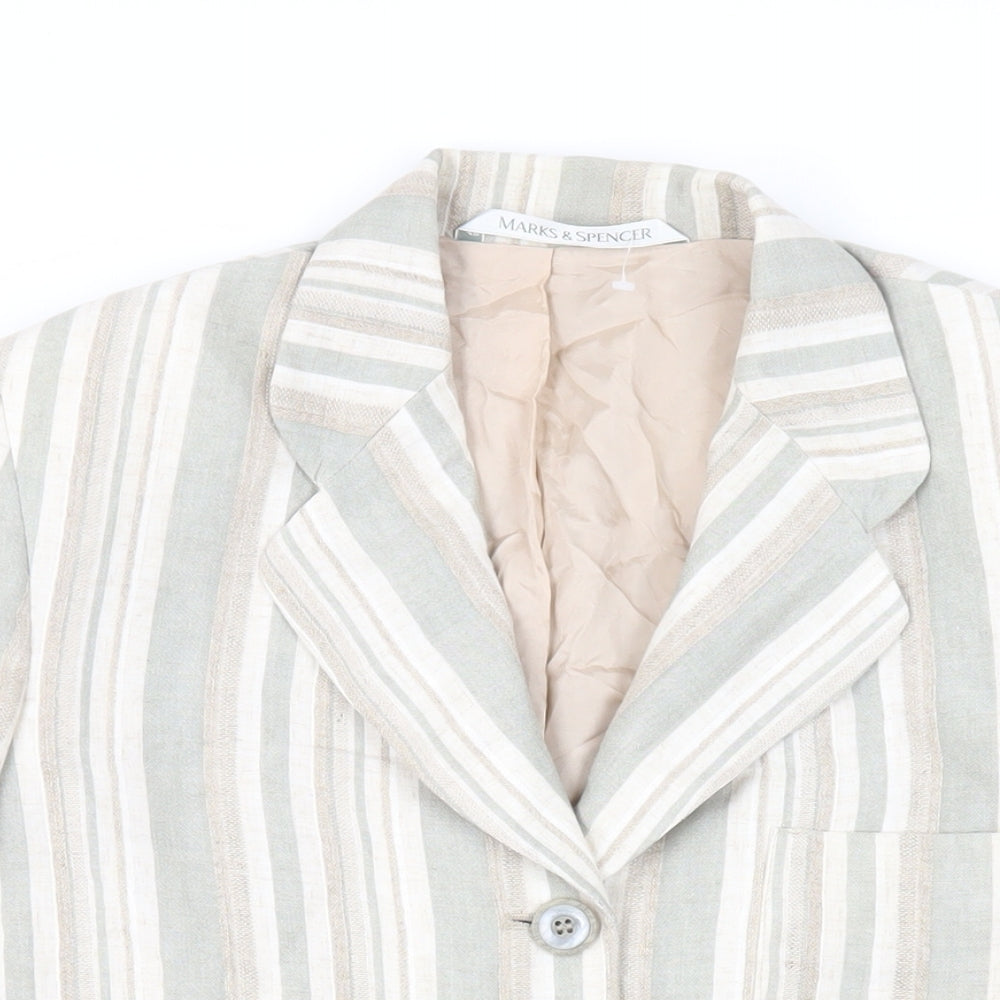St Michael Womens Green Striped Jacket Blazer Size 10 Button - Vintage
