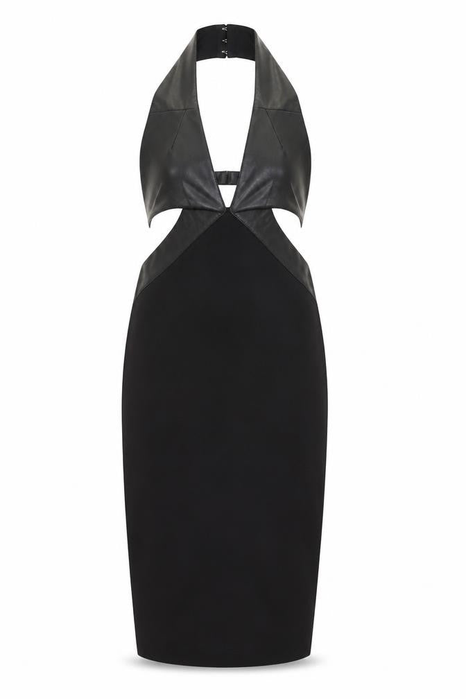 Front view of Missguided women’s black polyester bodycon, size UK 10, halter zip