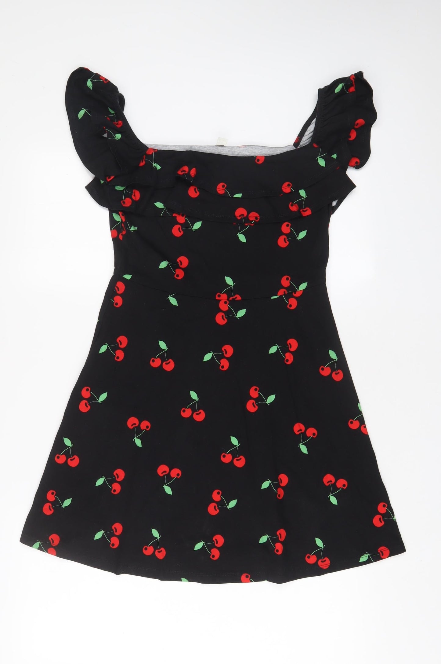 ASOS Womens Black Geometric Cotton A-Line Size 10 Off the Shoulder Pullover - Cherries
