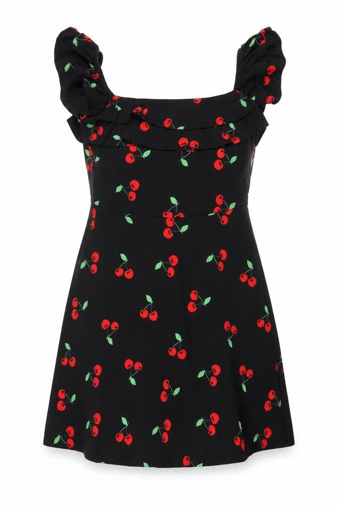 Front view of ASOS women’s black geometric cotton a-line, size UK 10, off the shoulder pullover - cherries