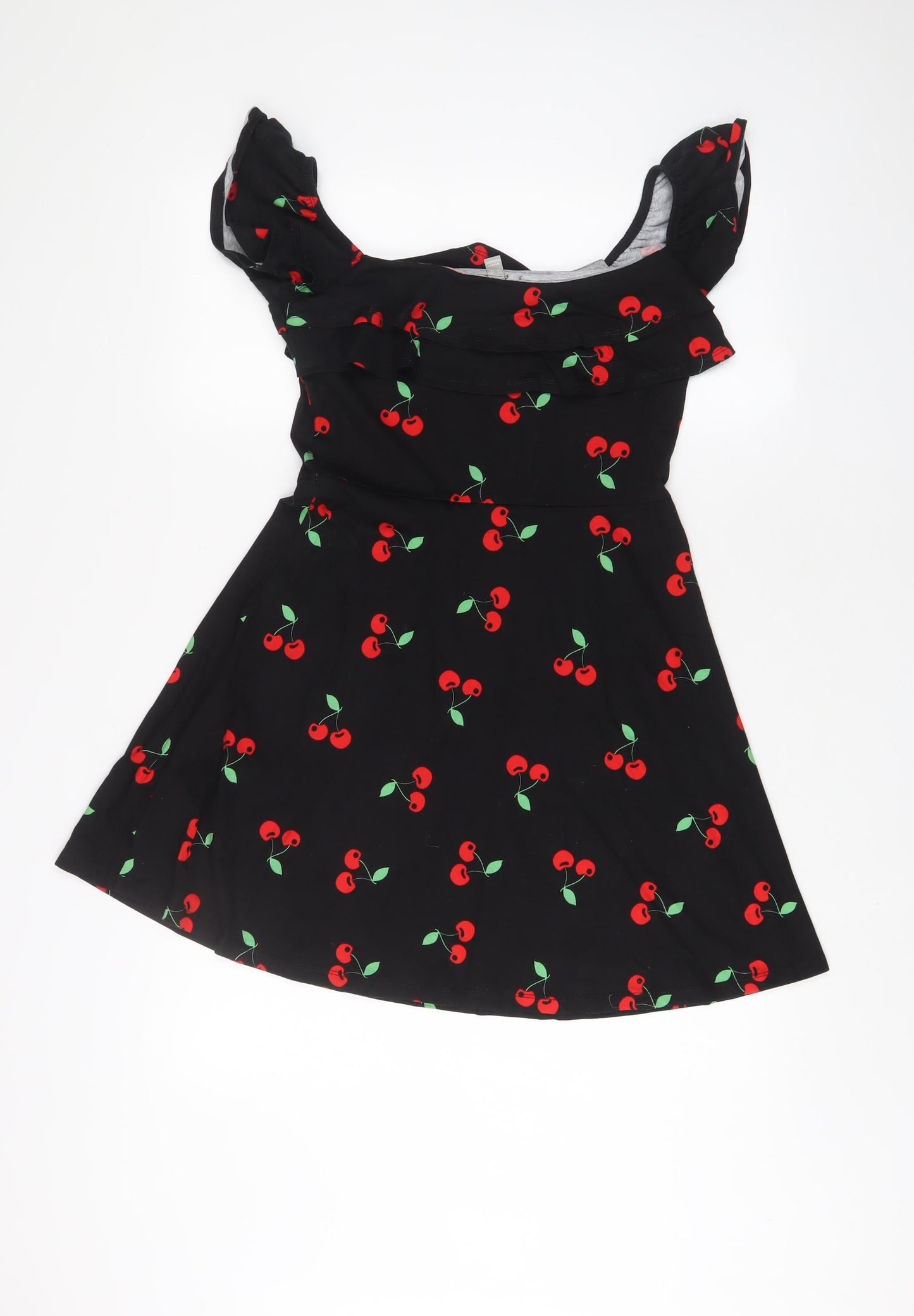 ASOS Womens Black Geometric Cotton A-Line Size 10 Off the Shoulder Pullover - Cherries