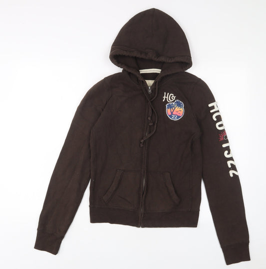 Hollister Womens Brown Cotton Full Zip Hoodie Size M Zip - Logo, Embroidered