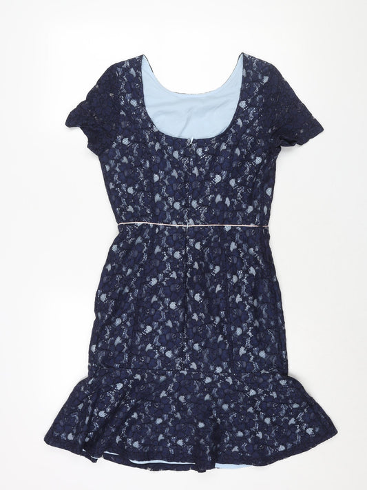 Yumi Womens Blue Viscose Shift Size 8 Round Neck Zip - Frill