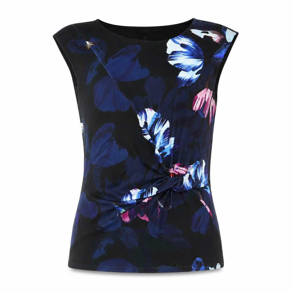 Monsoon Womens Blue Floral Polyester Basic Blouse Size 12 Round Neck - Twist Detail
