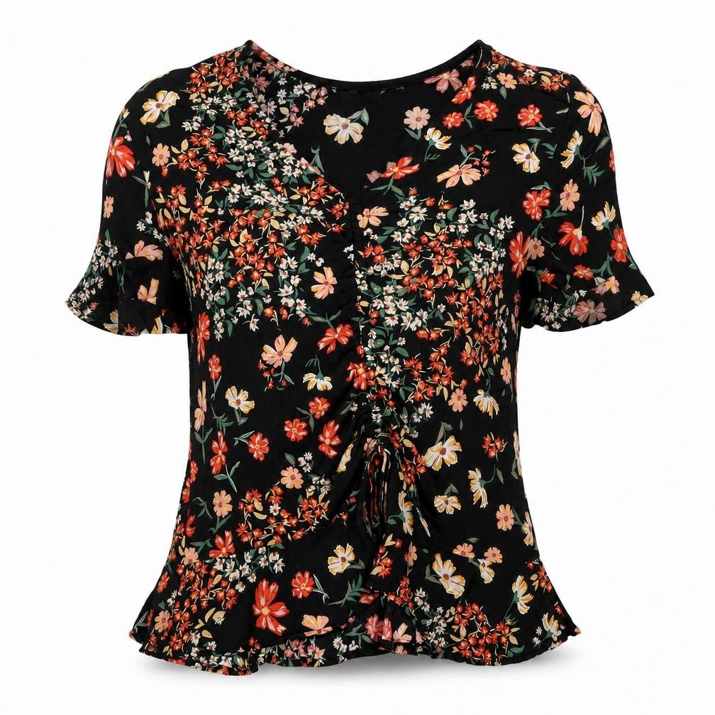 H&M Womens Multicoloured Floral Viscose Basic Blouse Size 10 V-Neck - Drawstring Detail