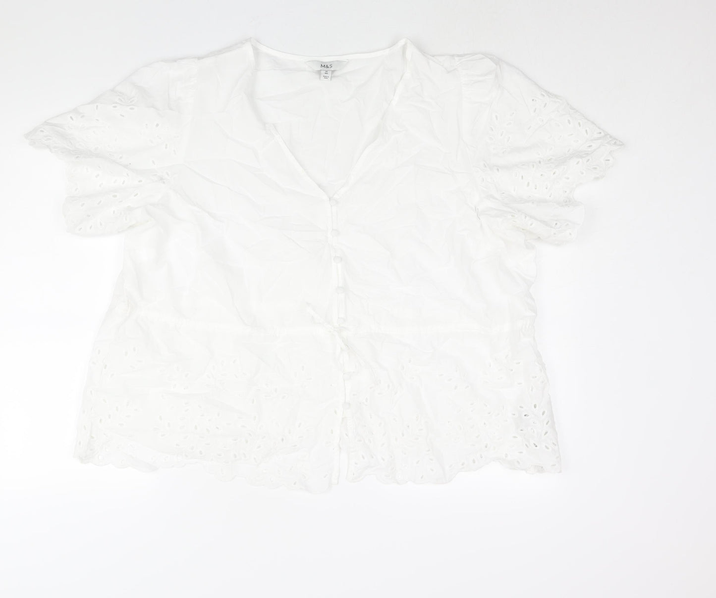 Marks and Spencer Womens White Cotton Basic Blouse Size 24 V-Neck - Peplum Drawstring Lace Detail