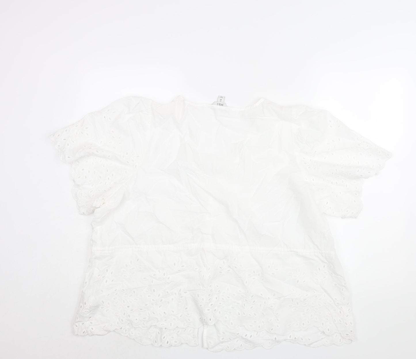 Marks and Spencer Womens White Cotton Basic Blouse Size 24 V-Neck - Peplum Drawstring Lace Detail