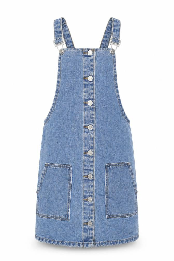Front view of Denim & Co. women’s blue cotton pinafore/dungaree dress, size UK 8, square neck snap