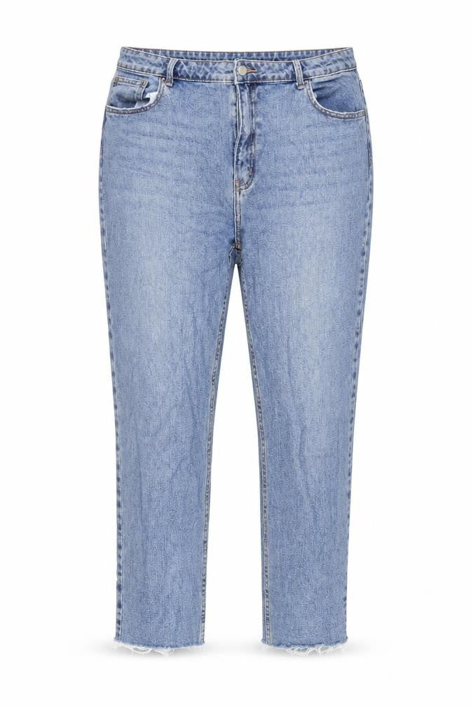 Front view of Denim & Co. women’s blue cotton blend straight jeans, size UK 14, 26-inch leg regular zip - raw hem