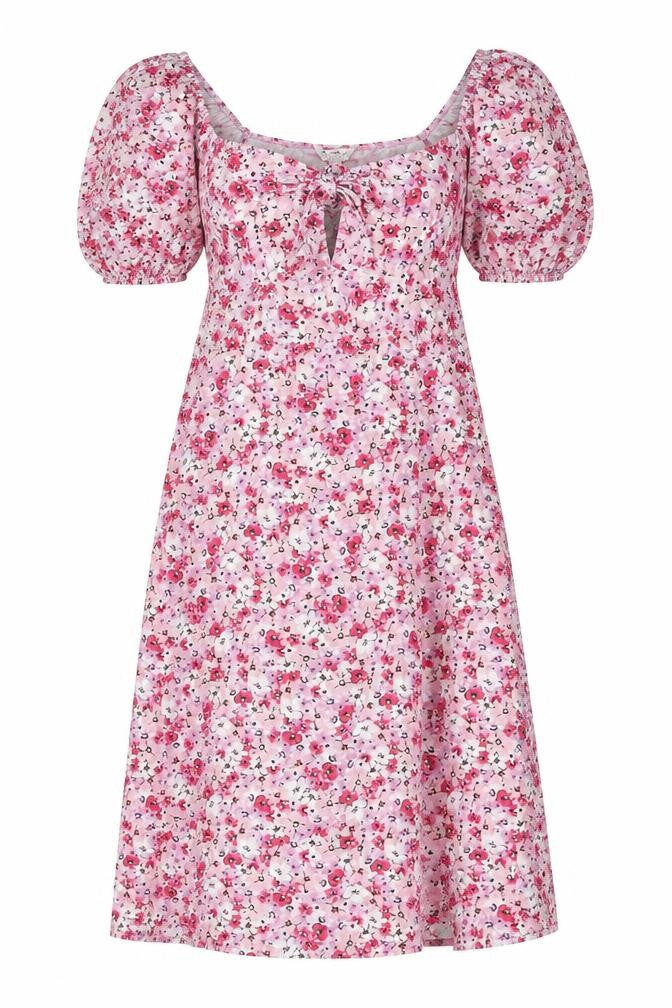 Front view of Miss Selfridge women’s pink floral polyester a-line, size UK 16, sweetheart pullover