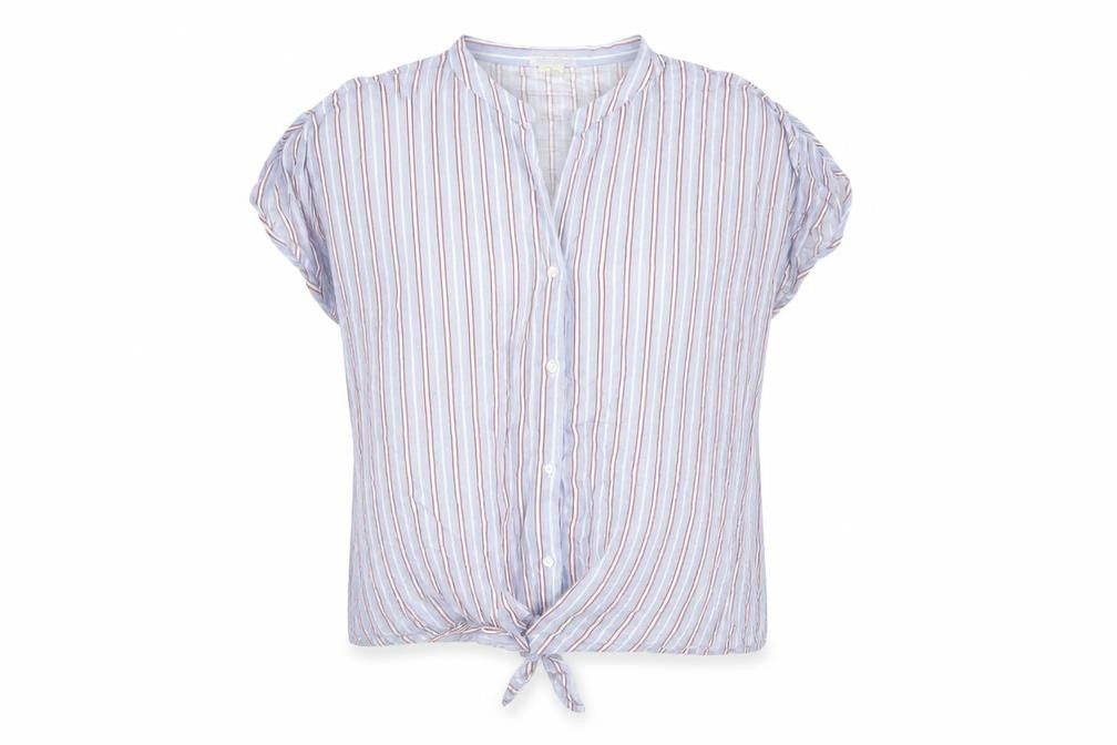 Madison & Monroe Womens Blue Striped Viscose Basic Button-Up Size L Round Neck