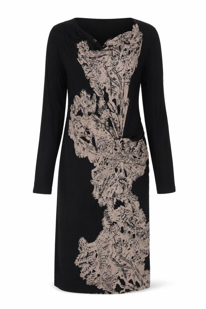 Front view of Autograph women’s black geometric viscose shift, size UK 12, cowl neck pullover