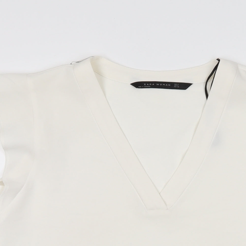 Zara Womens White Polyester Basic T-Shirt Size S V-Neck