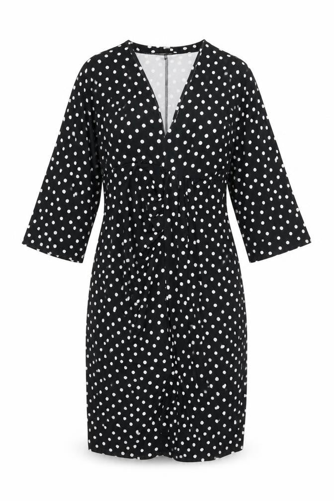 Front view of ASOS women’s black polka dot polyester shift, size UK 12, v-neck pullover