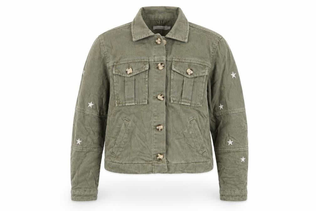 Front view of Mint Velvet girls’ green geometric jacket, size 11-12, years button