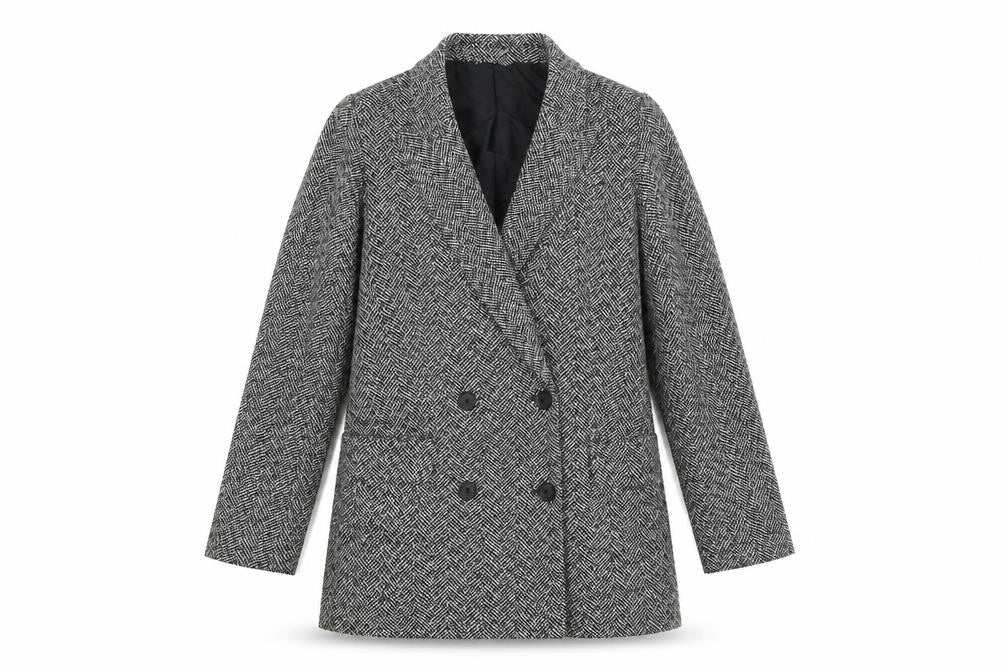 H&M Womens Black Herringbone Polyester Jacket Blazer Size 8