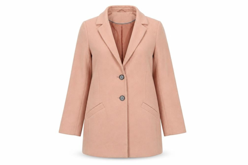 Front view of ASOS women’s pink overcoat coat, size UK 10, button
